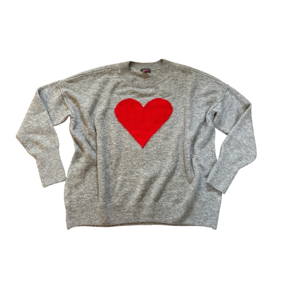 Vince Camuto Sweater Women Gray Red‎ Heart Intarsia Oversized Knit SIZE L